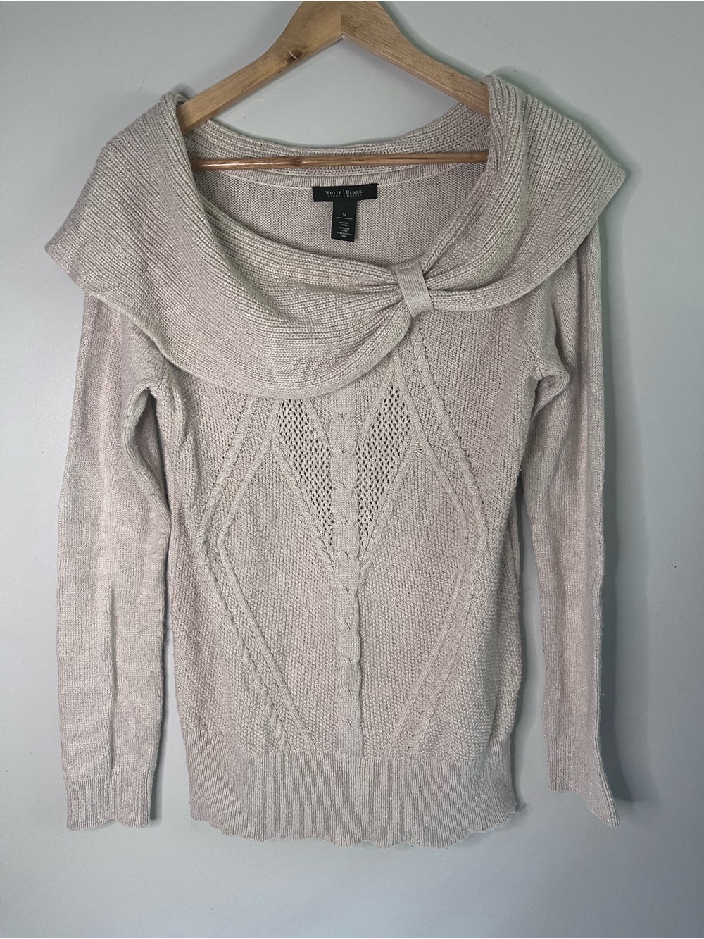 White House Black Market Cream Sparkle Cable-Knit Off-Shoulder Sweater